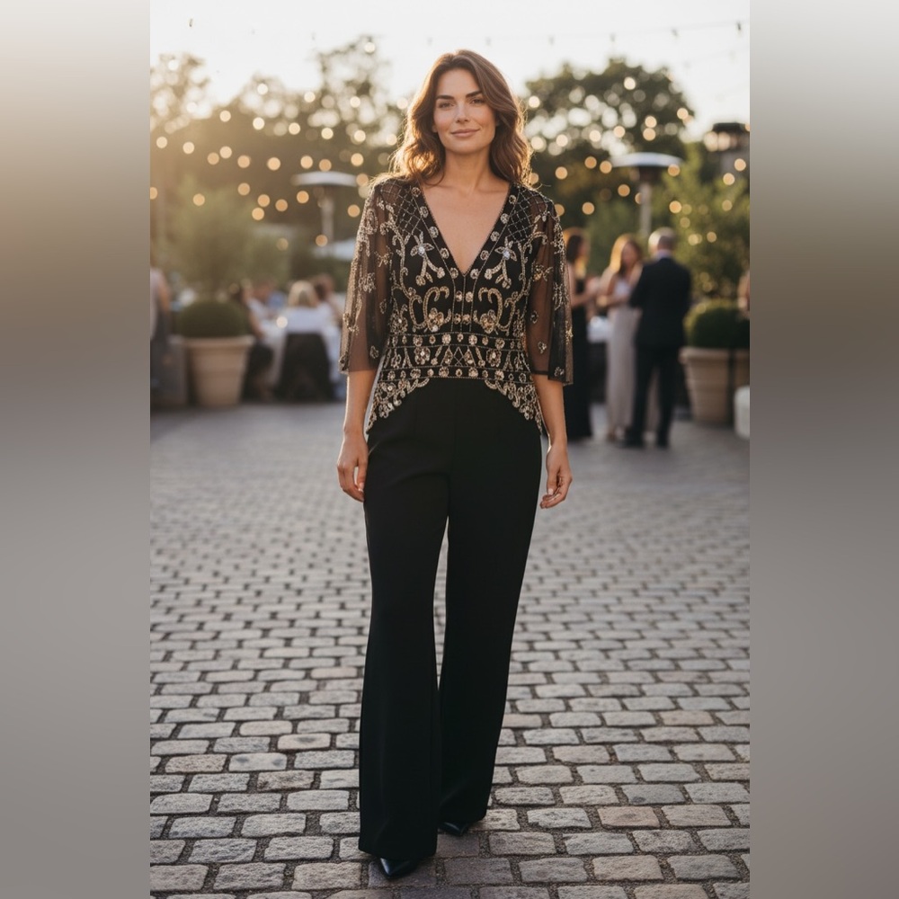 Adriana Papell Elegant Black Jumpsuit with Gold Embellishments